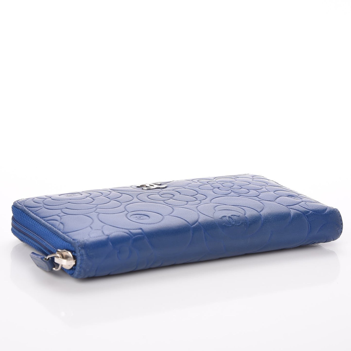 Lambskin Camellia Embossed Large Gusset Zip Around Wallet Blue