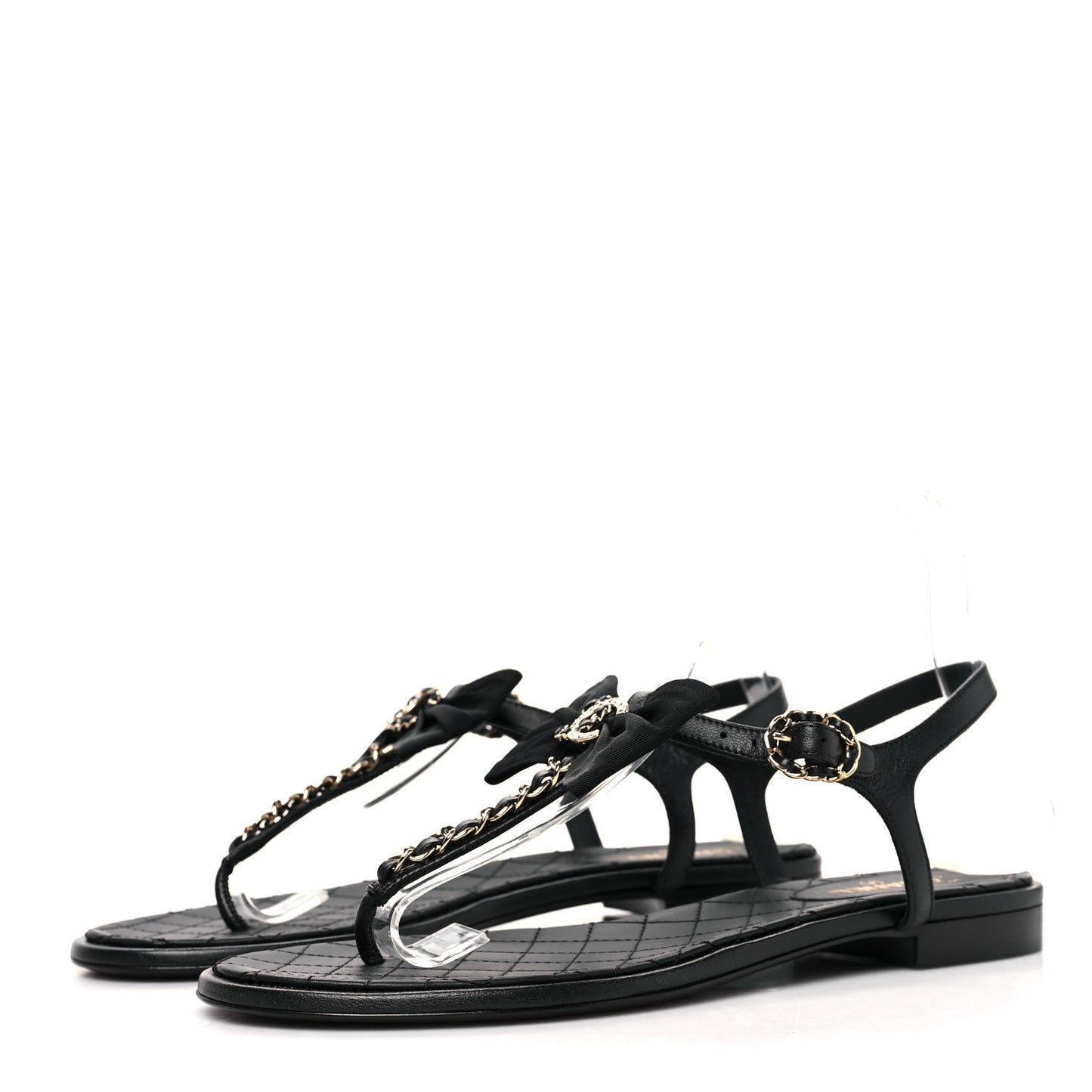 Lambskin Crystal Chain CC Thong Sandals 39.5 Black