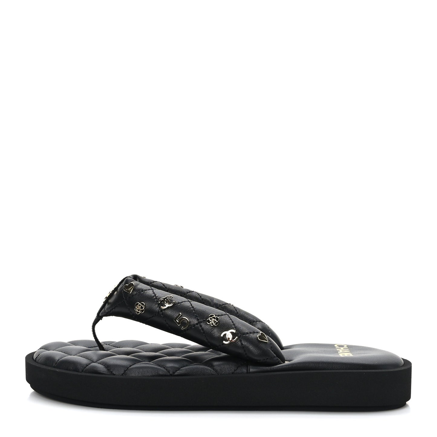 Lambskin Quilted Padded Charms Thong Sandals 39 Black