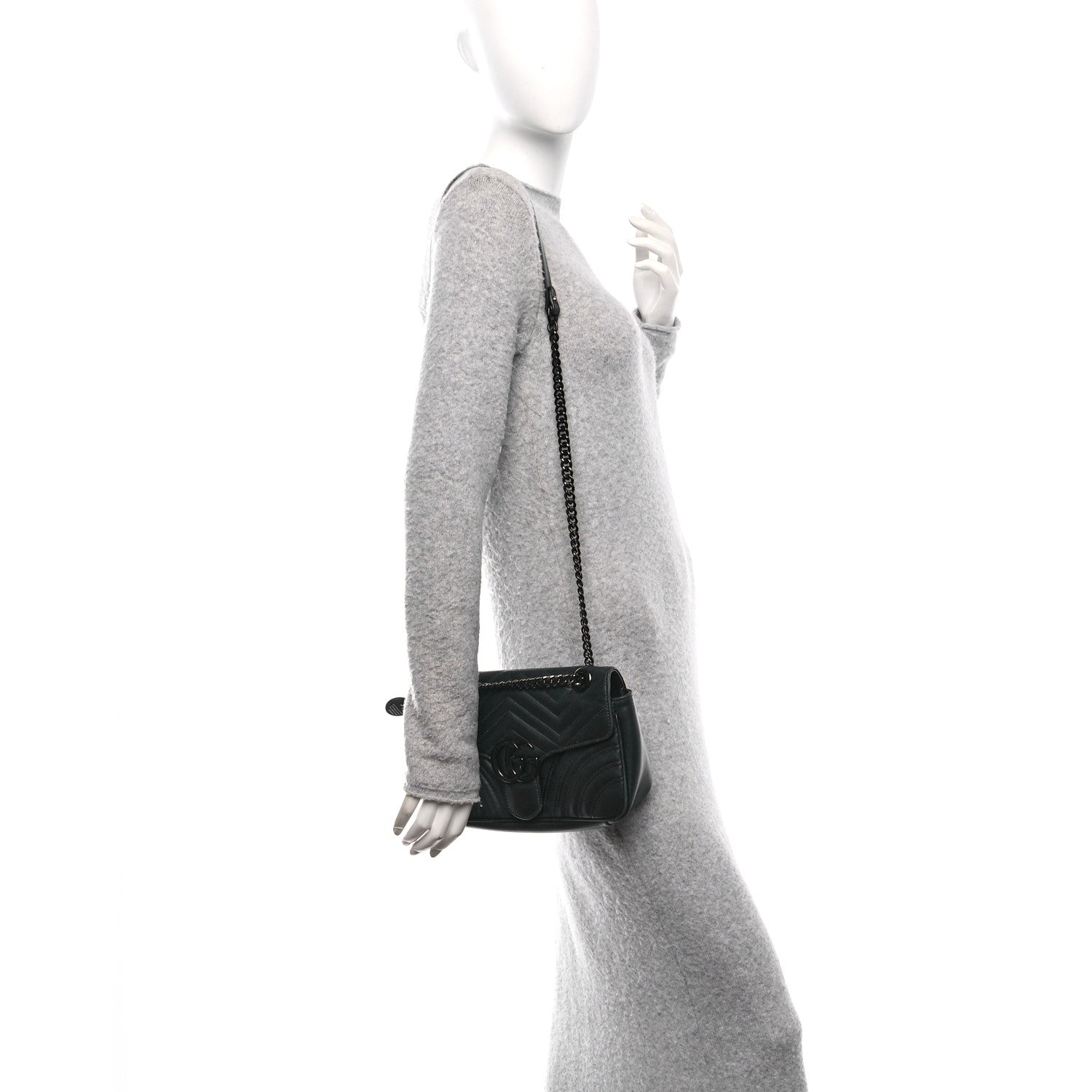 Gucci Calfskin Matelasse Monochrome Small GG Marmont Shoulder Bag Black 2 of 12