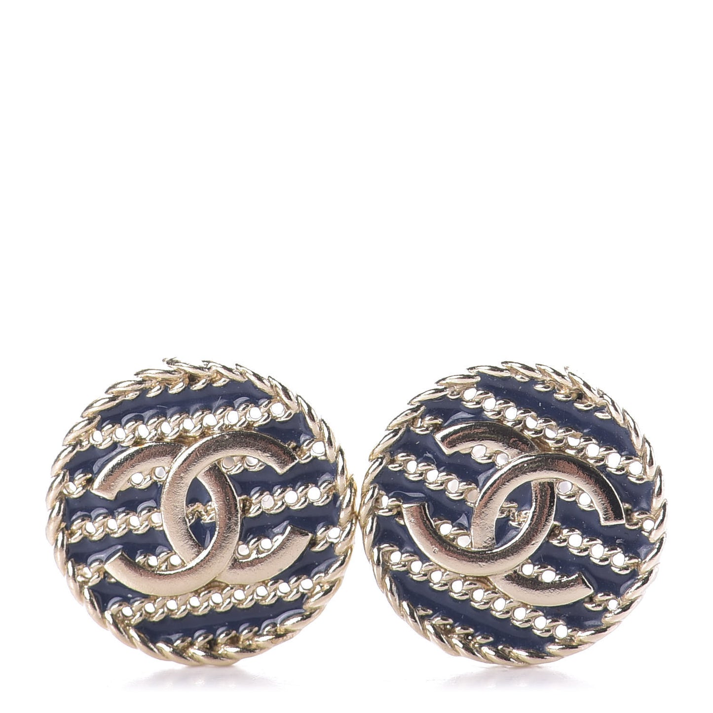 Metal Chain CC Round Earrings Gold Blue
