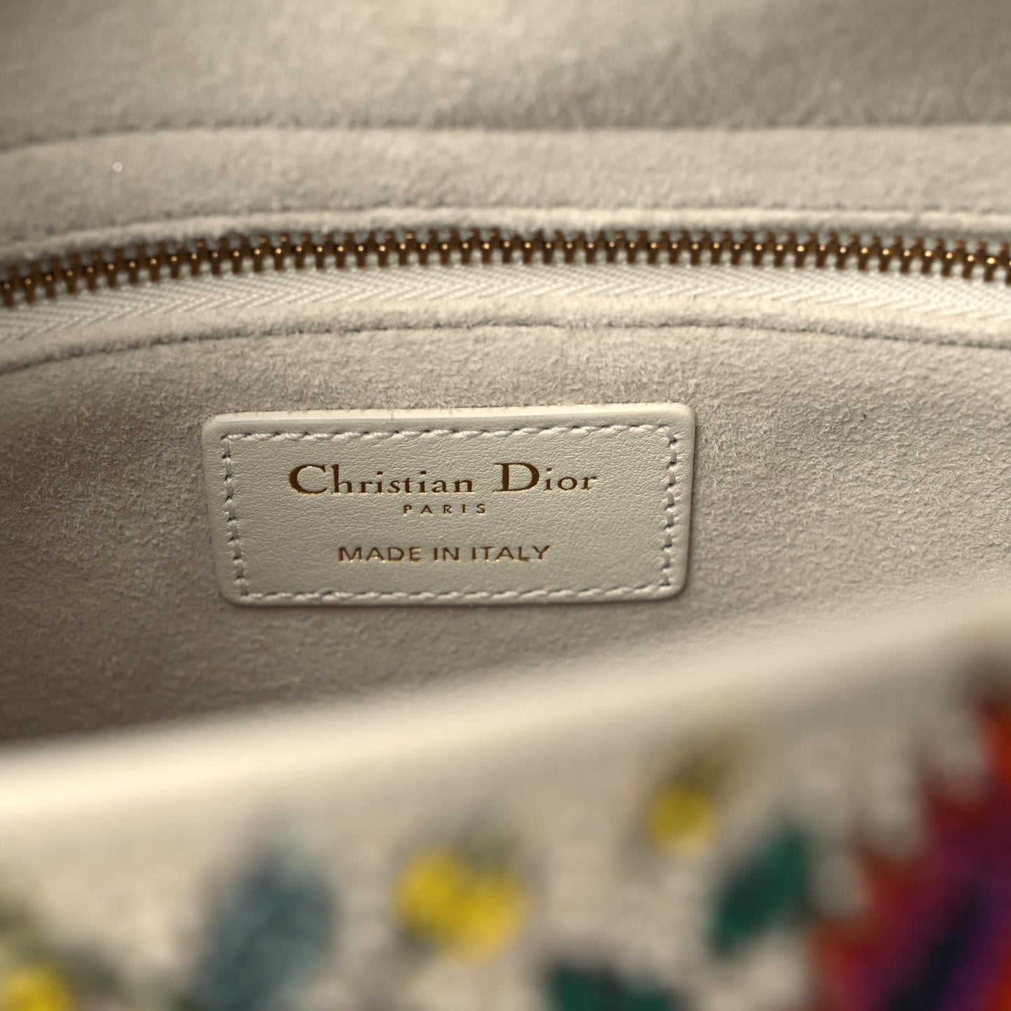 Calfskin Embroidered Medium Lady Dior White Multicolor
