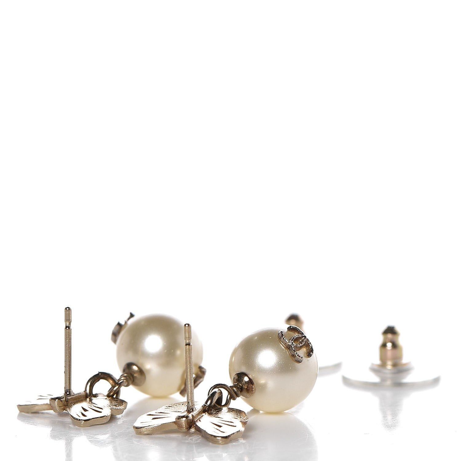 Chanel Pearl Crystal CC Butterfly Drop Earrings Gold 3 of 3