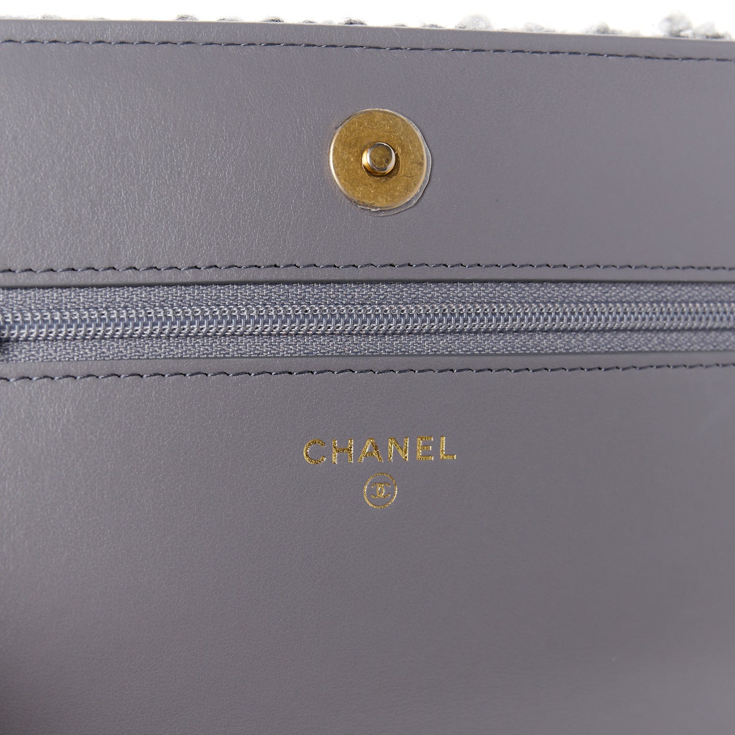 Wool Tweed Lambskin Quilted Chanel 19 Wallet On Chain WOC Grey