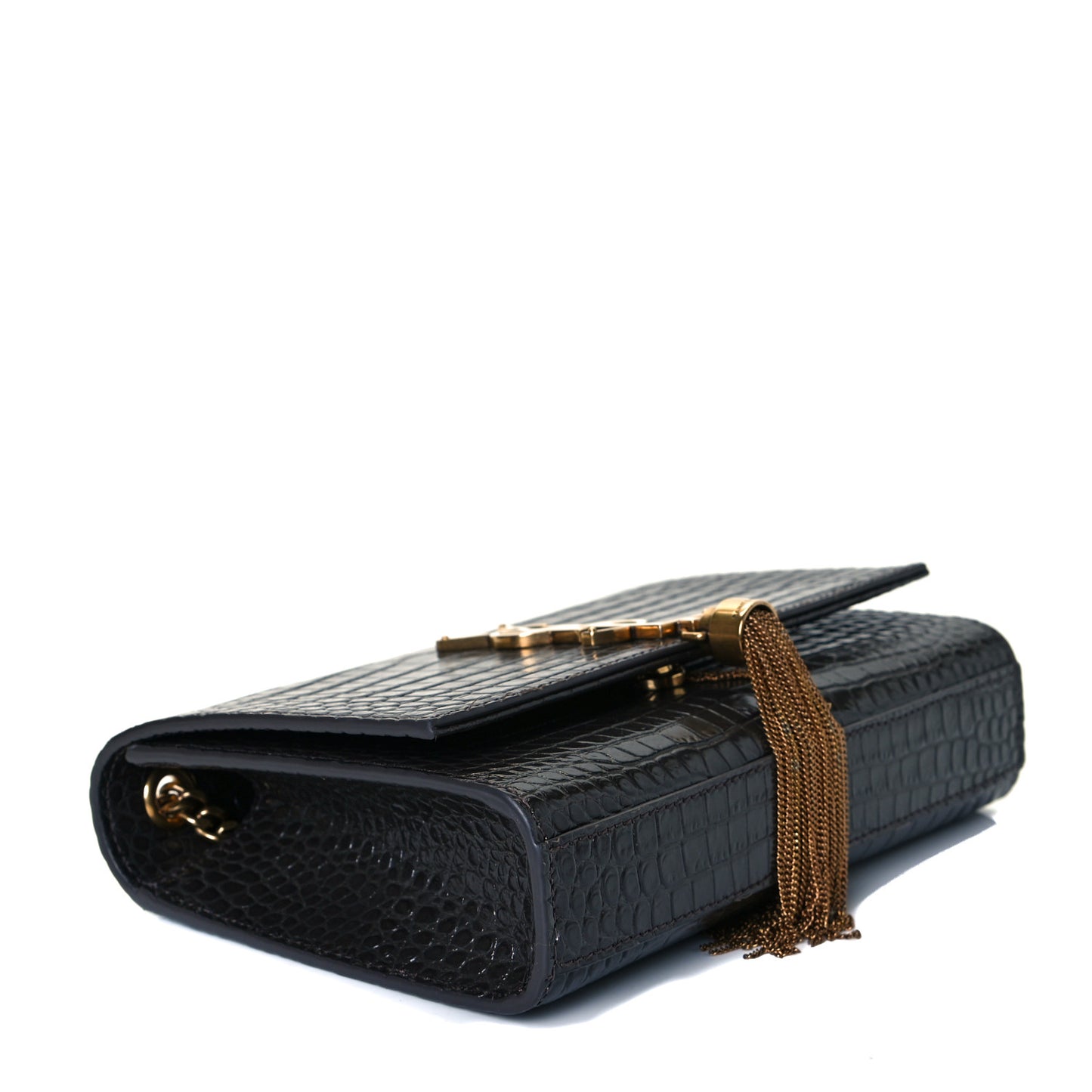 Calfskin Crocodile Embossed Small Classic Monogram Kate Tassel Satchel Pebble