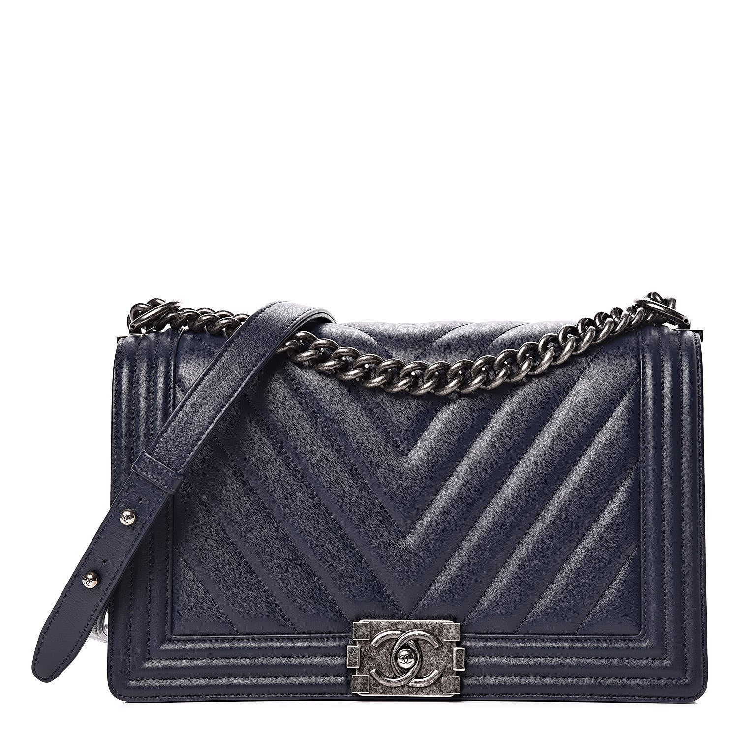 Chanel Calfskin Chevron Quilted New Medium Boy Flap Dark Navy Blue 1 of 10