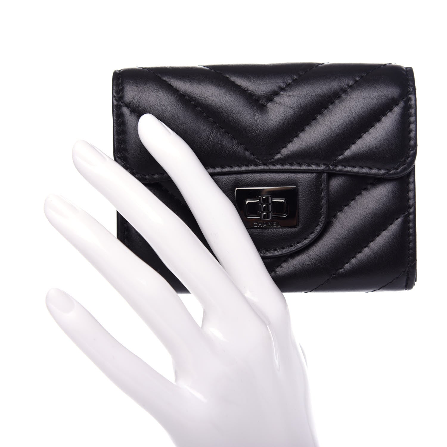 Chanel Aged Calfskin Chevron Quilted Reissue Card Holder Wallet So Black 2 of 9