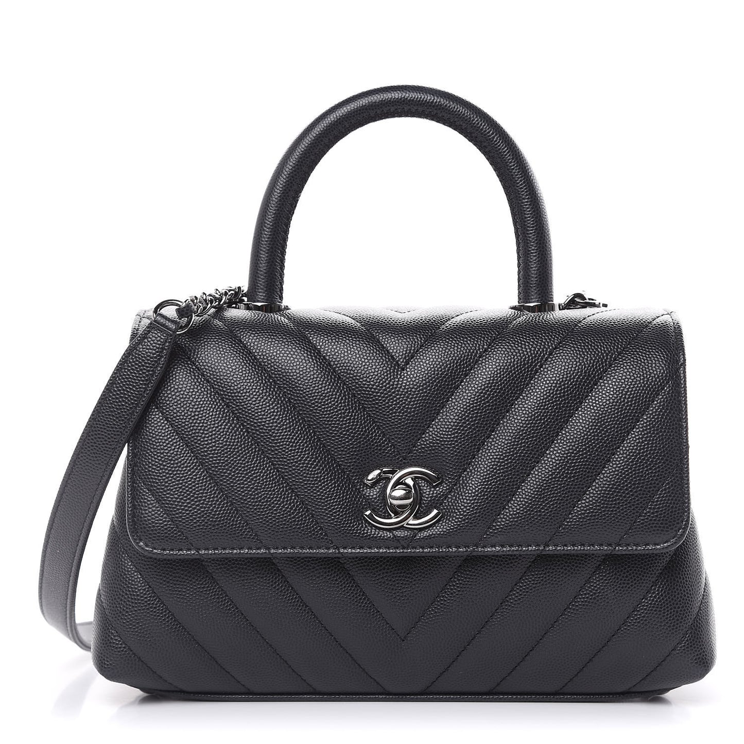 Caviar Chevron Quilted Mini Coco Handle Flap Dark Grey