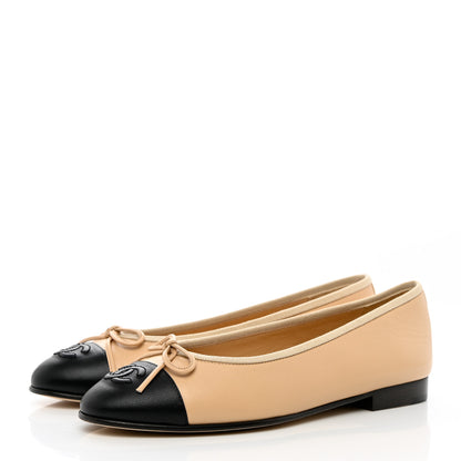 Chanel Lambskin Cap Toe CC Ballerina Flats 37.5 Beige Black 3 of 9