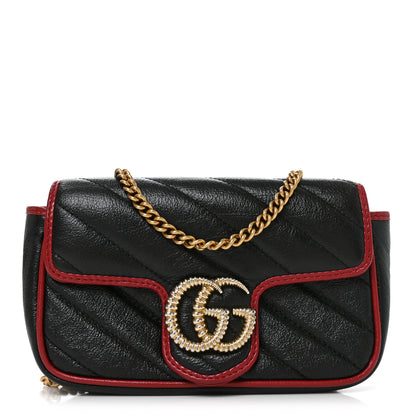 Gucci Vintage Effect Calfskin Matelasse Diagonal Super Mini Torchon GG Marmont Shoulder Bag Black Romantic Cherry 1 of 10