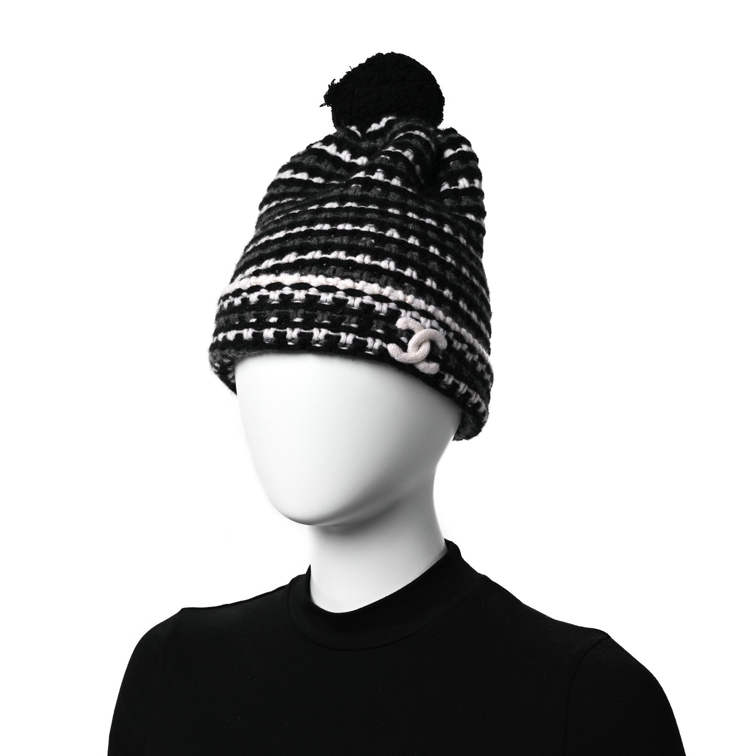 Chanel Cashmere CC Beanie Hat Black White Grey 2 of 6
