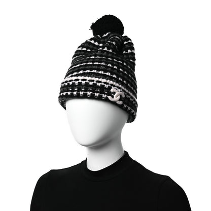 Chanel Cashmere CC Beanie Hat Black White Grey 2 of 6