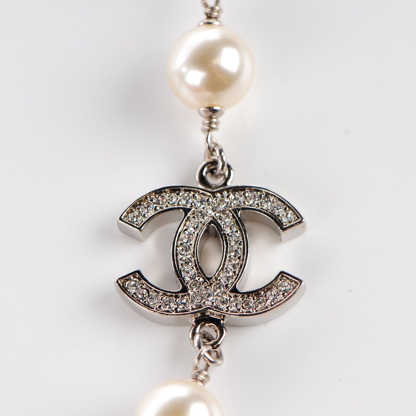 Crystal Pearl CC Long Necklace Silver