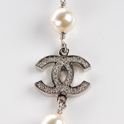 Chanel Crystal Pearl CC Long Necklace Silver 4 of 5