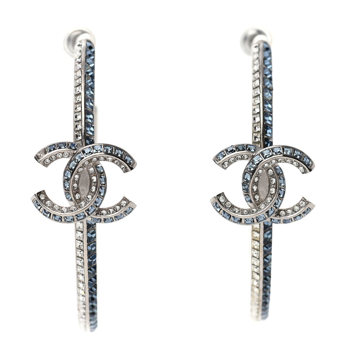Crystal CC Hoop Drop Earrings Silver Blue