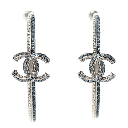 Chanel Crystal CC Hoop Drop Earrings Silver Blue 1 of 7