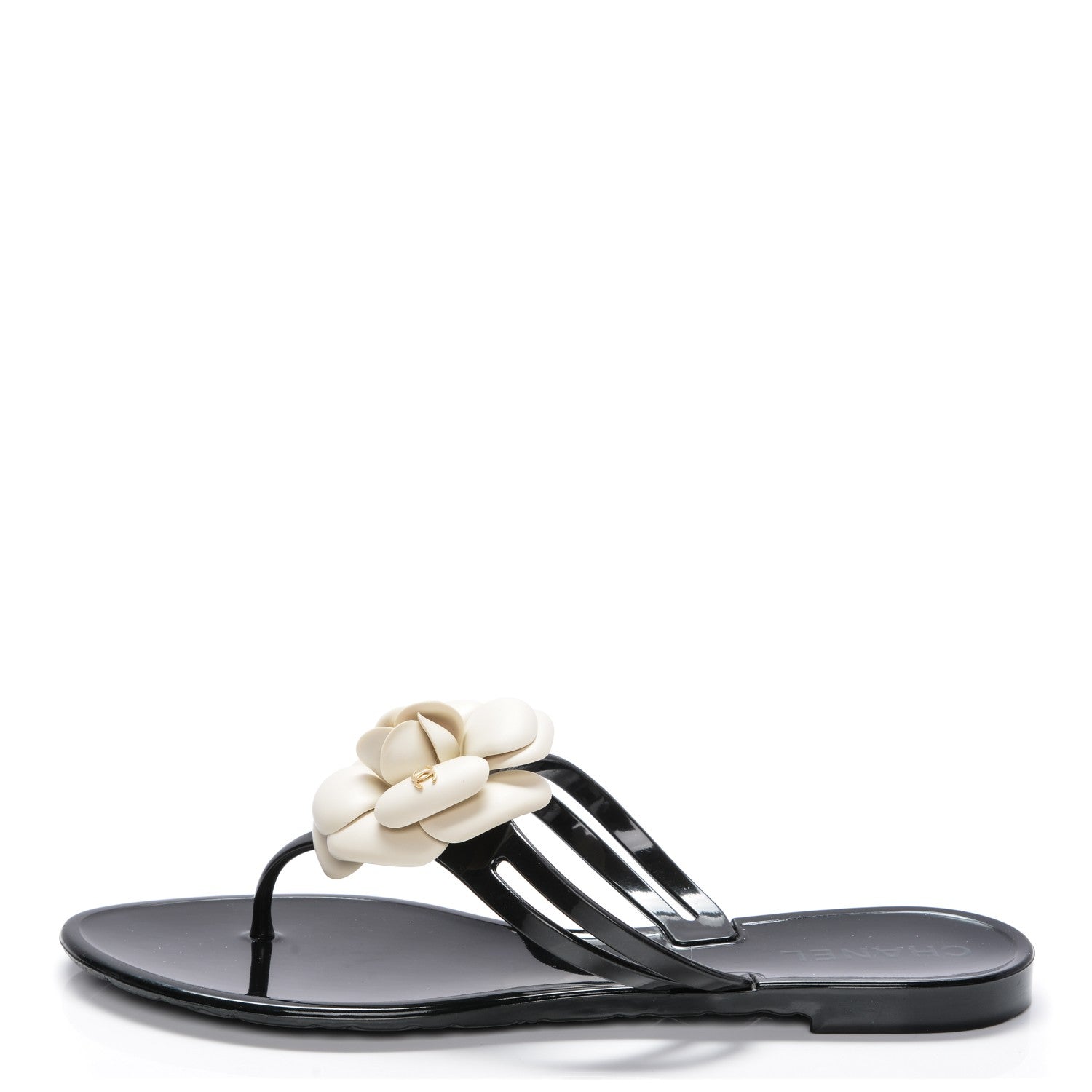Chanel Jelly Camellia Thong Sandals 38 Black Ivory 1 of 7