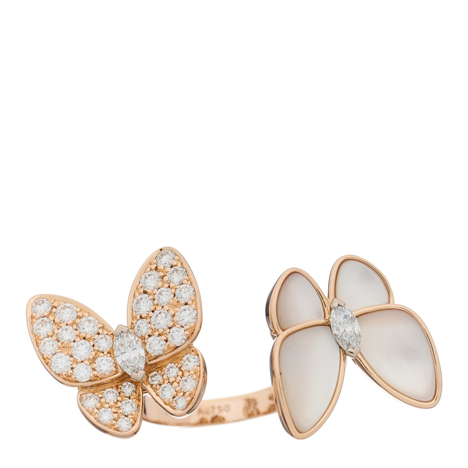 Van Cleef & Arpels 18K Rose Gold Diamond Mother of Pearl Two Butterfly Between The Finger Ring 53 6.5 1 of 6