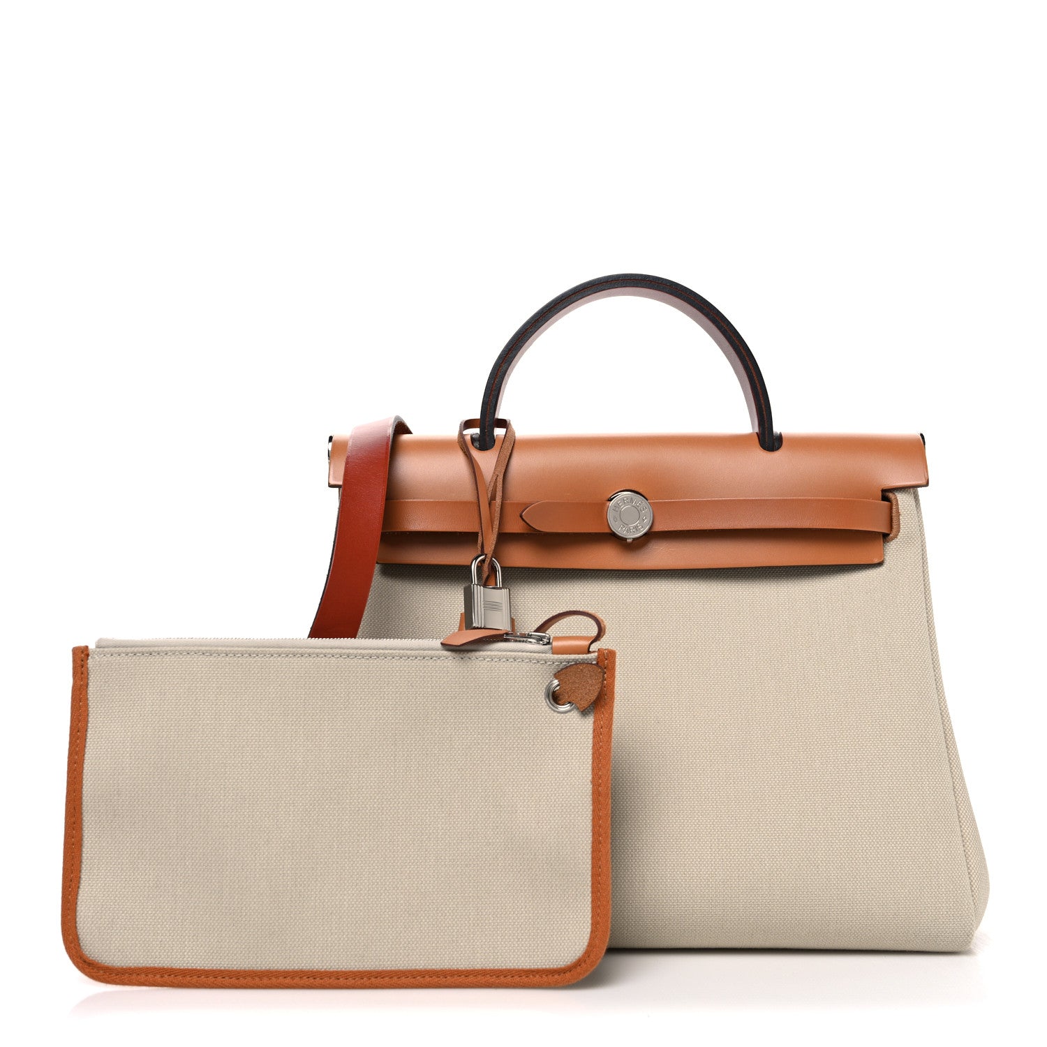Hermes Military Toile Vache Hunter Herbag Zip Retourne 31 PM Beton Naturel Fauve Cuivre 3 of 12