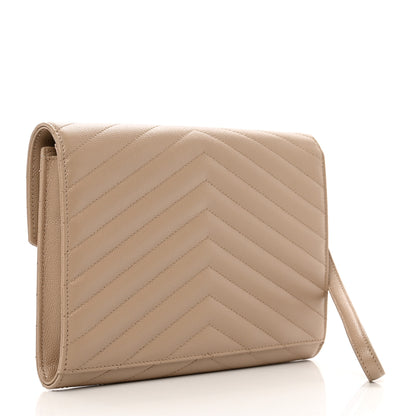 Saint Laurent Grain De Poudre Matelasse Chevron Monogram Envelope Clutch Dark Beige 3 of 9