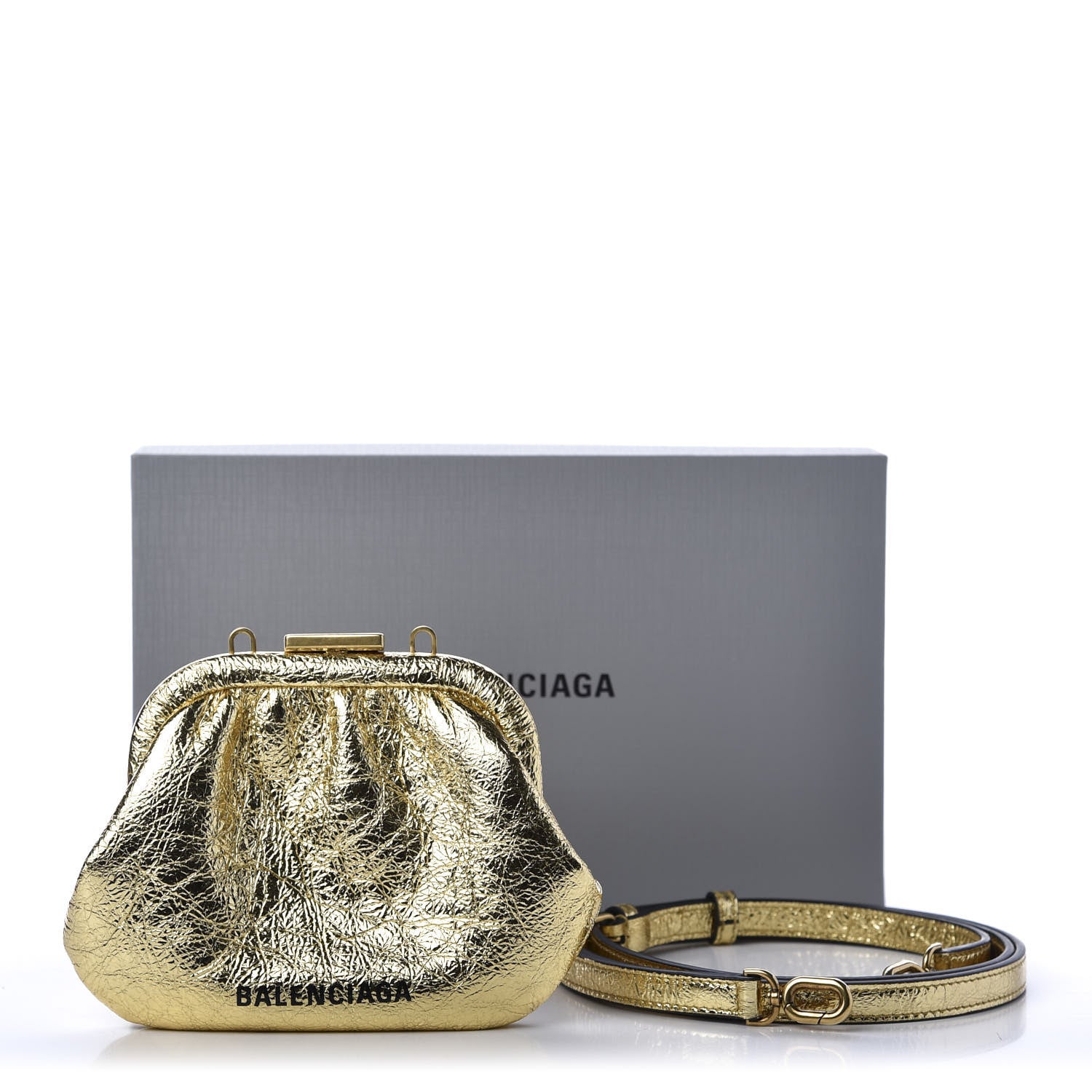 Balenciaga Metallic Textured Calfskin Logo Cloud Coin Purse With Strap Gold 14 of 14
