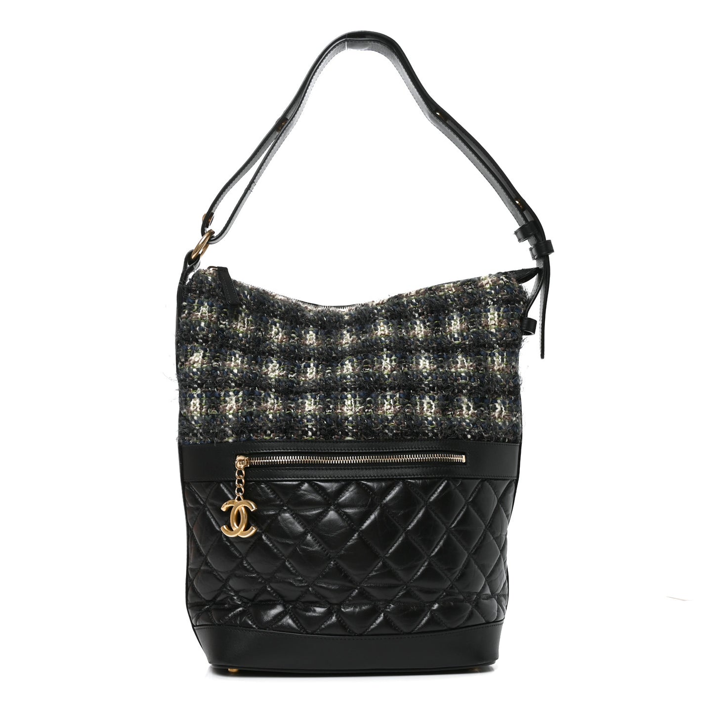Tweed Aged Calfskin Quilted Casual Style Hobo Black
