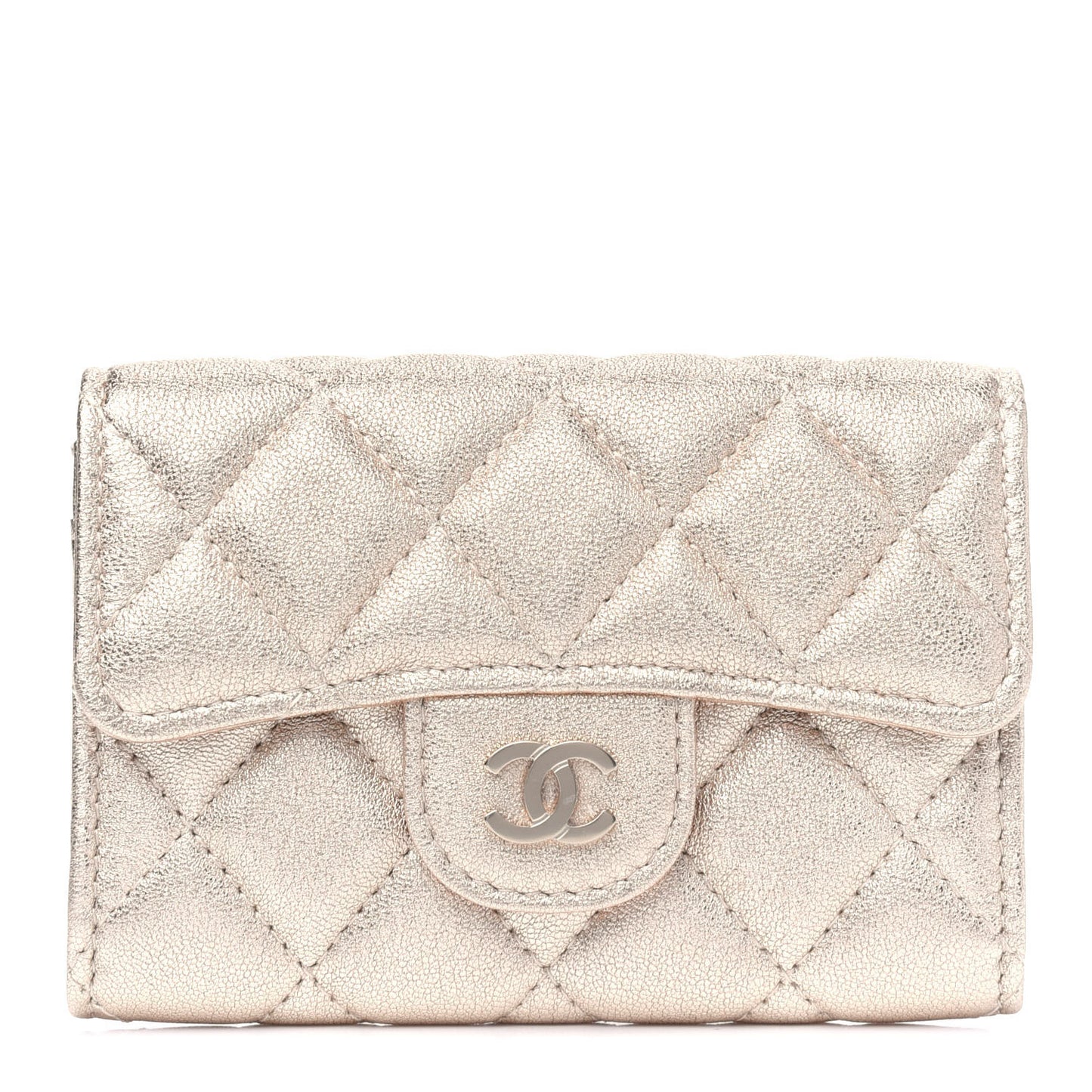 Metallic Lambskin Quilted Flap Card Holder Wallet Gold