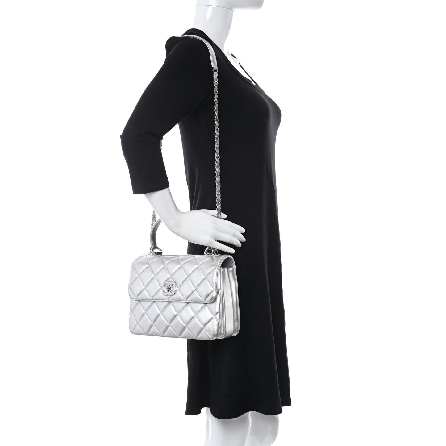 Metallic Lambskin Quilted Small Trendy CC Flap Dual Handle Bag Silver