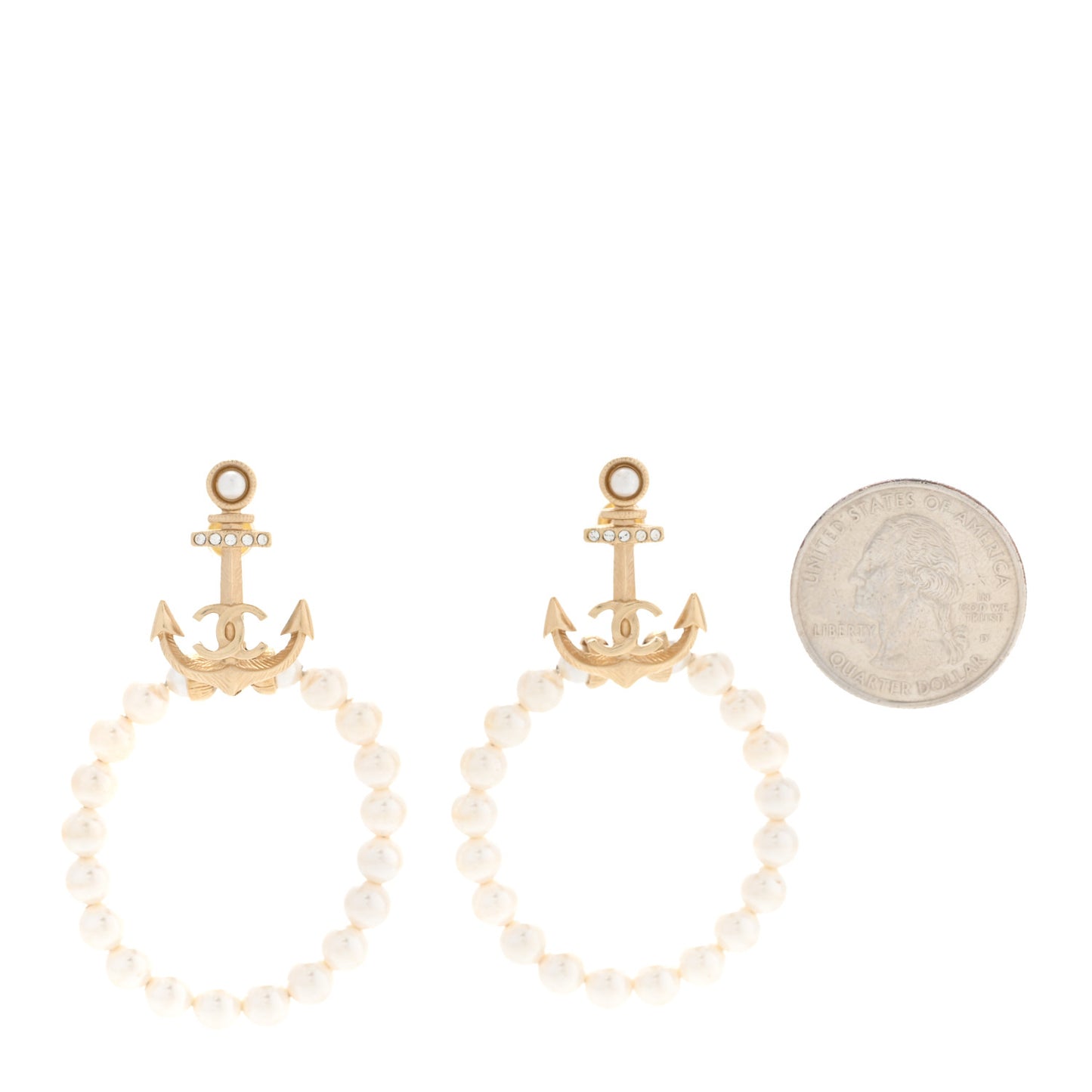 Pearl Crystal Chanel Anchor CC Hoop Earrings Gold