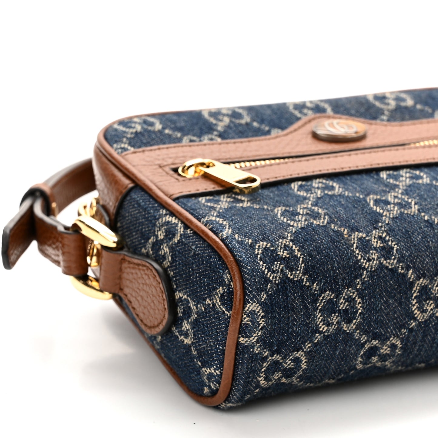 New Denim GG Monogram Dollar Calfskin Mini Ophidia Shoulder Bag Blue Tea Cuir Epilog