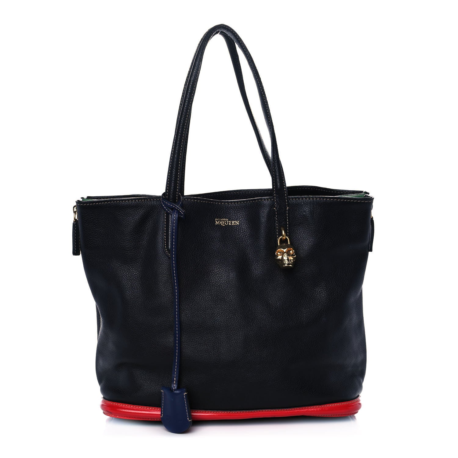 Alexander McQueen Pebbled Calfskin Skull Padlock Tote Black Navy Red Green 1 of 15