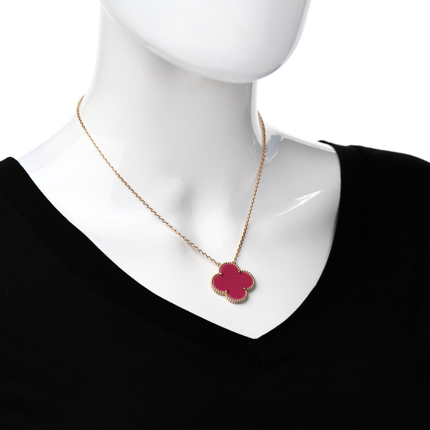 18K Rose Gold Raspberry Pink Sevres Porcelain Magic Alhambra Pendant Necklace