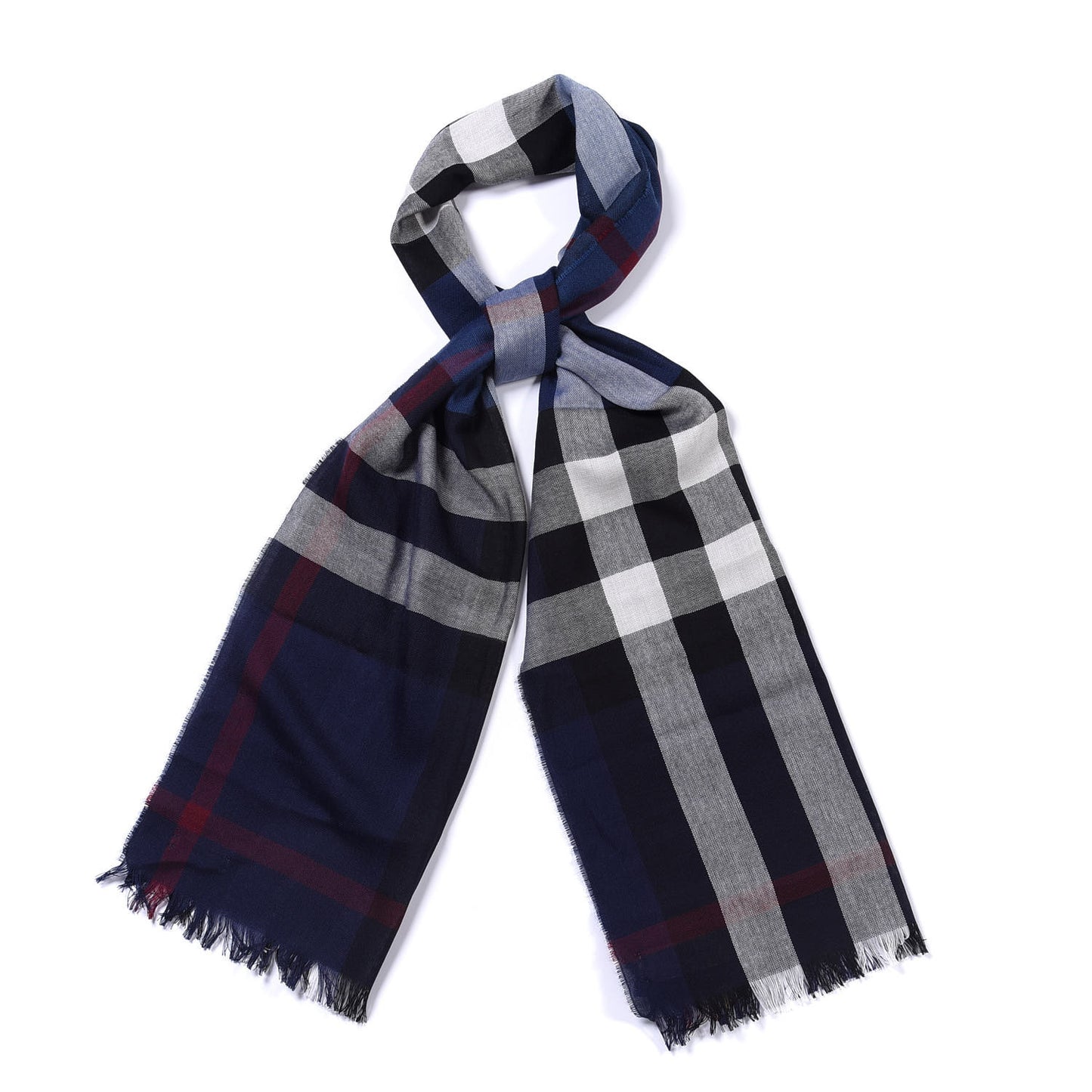 Wool Cashmere Tonal Check Lightweight Scarf Navy