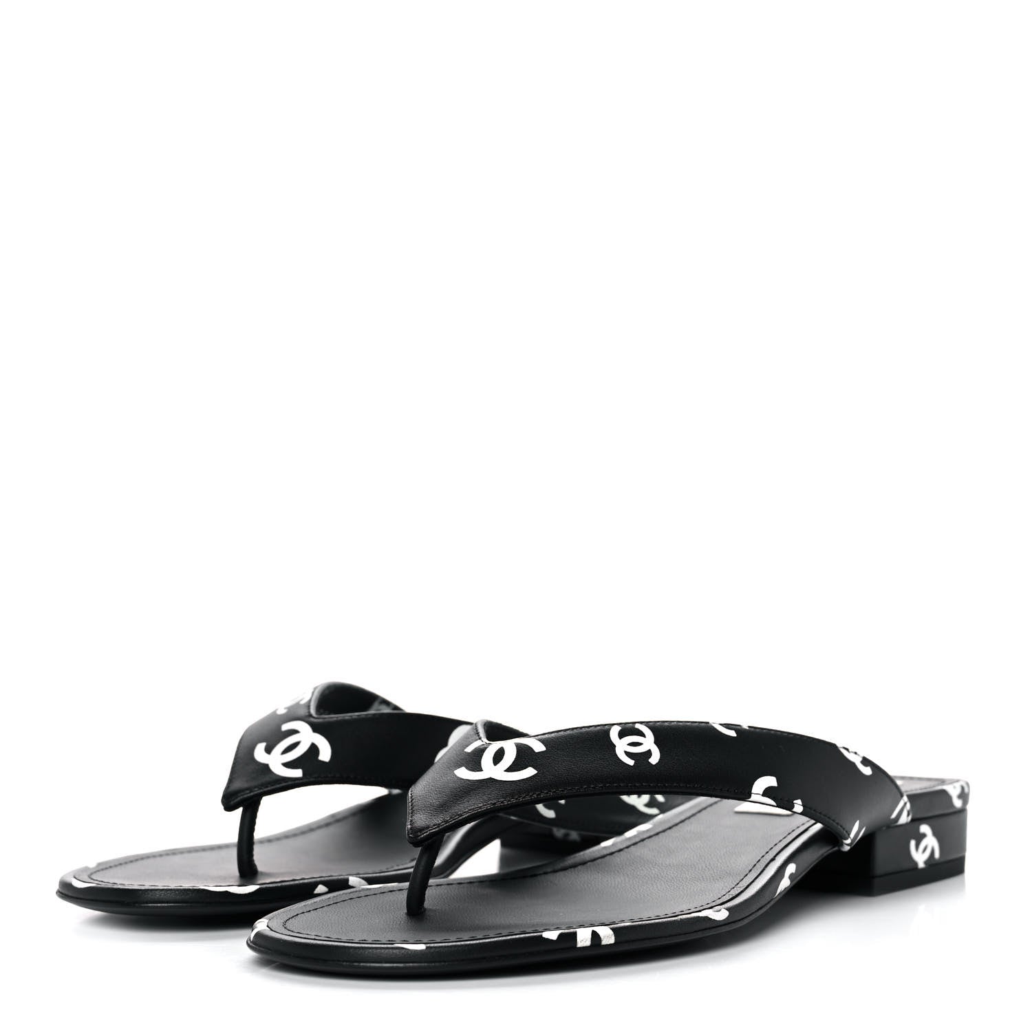 Chanel Lambskin Printed CC Thong Sandals 39 Black White 3 of 9