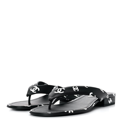 Chanel Lambskin Printed CC Thong Sandals 39 Black White 3 of 9