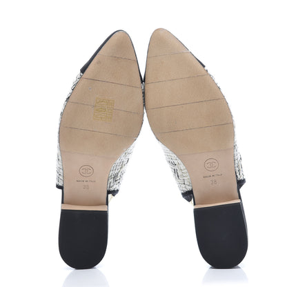 Chanel Tweed Cap Toe CC Slingback Flat 38 White Black 6 of 10