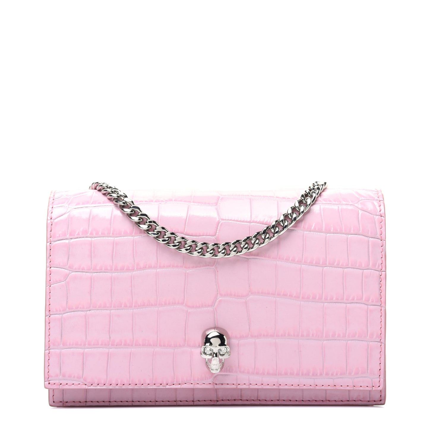 Calfskin Crocodile Embossed Skull Mini Crossbody Bag Rosa