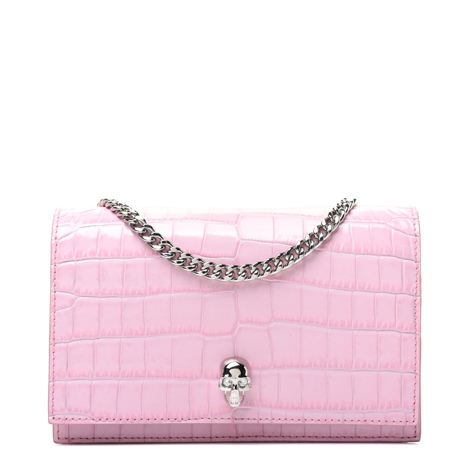 Alexander McQueen Calfskin Crocodile Embossed Skull Mini Crossbody Bag Rosa 1 of 15