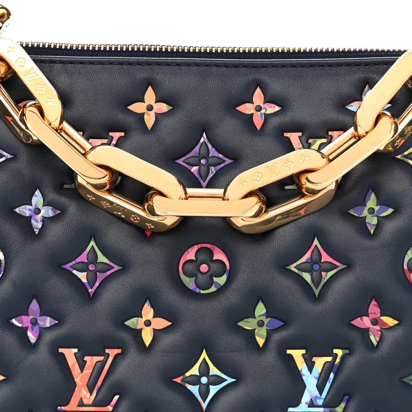 Lambskin Embossed Monogram LV Garden Coussin MM Navy Blue