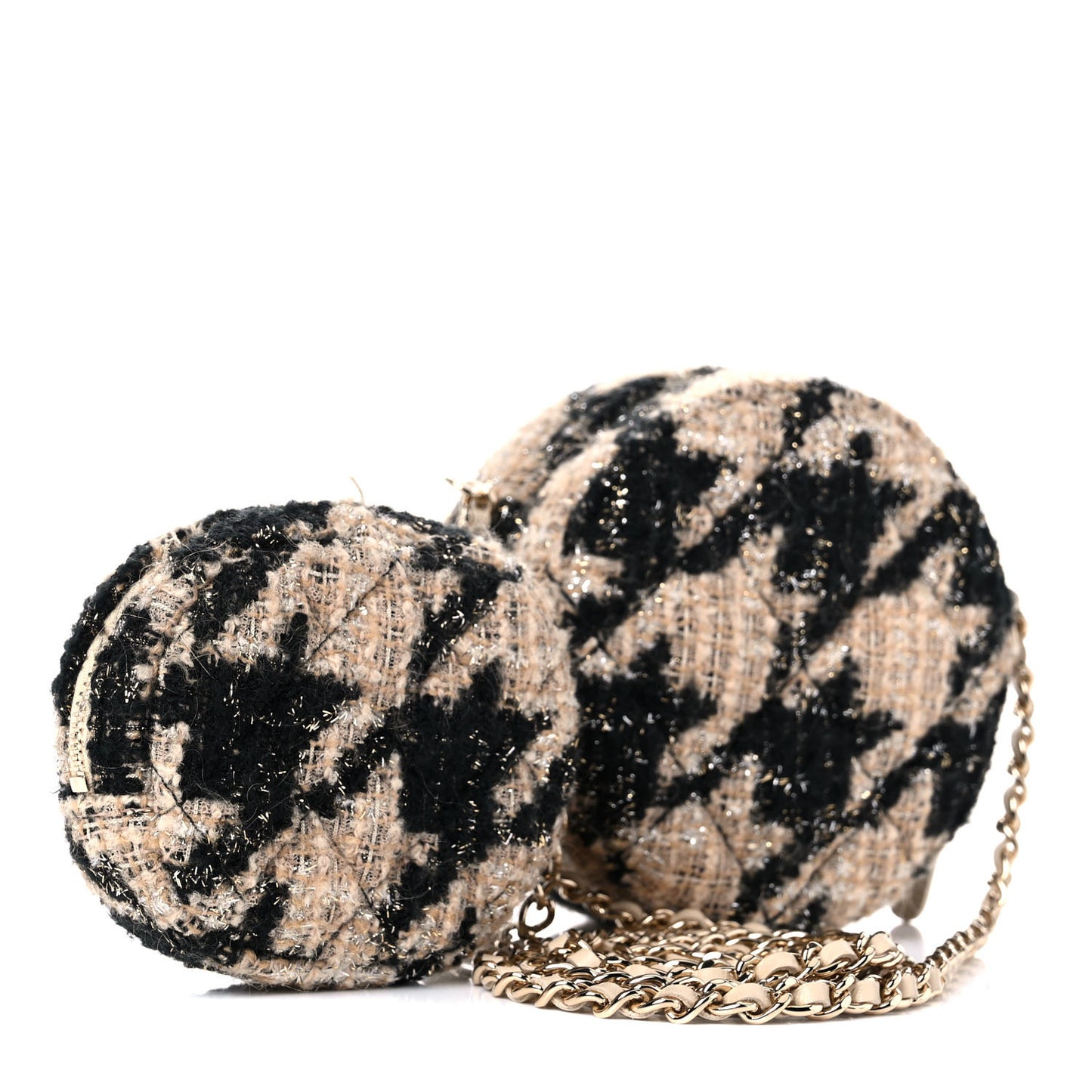 Tweed Shearling Round Clutch With Chain and Coin Purse Beige Black