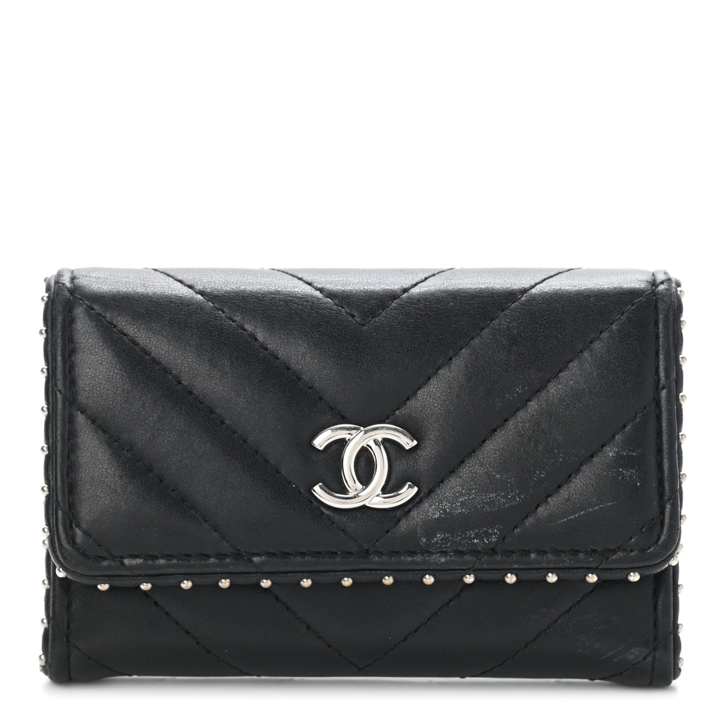 Lambskin Chevron Quilted Studded Flap Card Holder Black