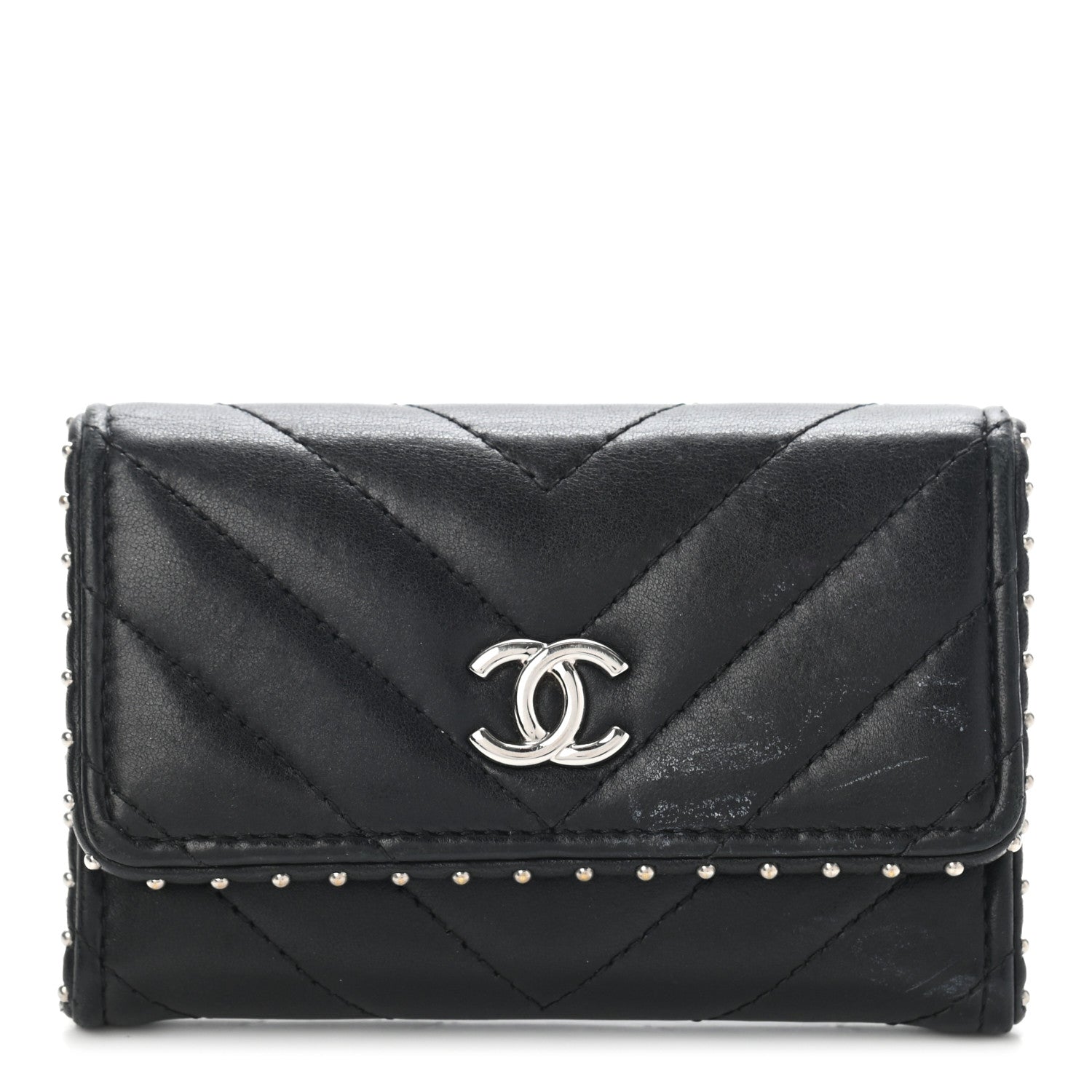 Chanel Lambskin Chevron Quilted Studded Flap Card Holder Black 1 of 12
