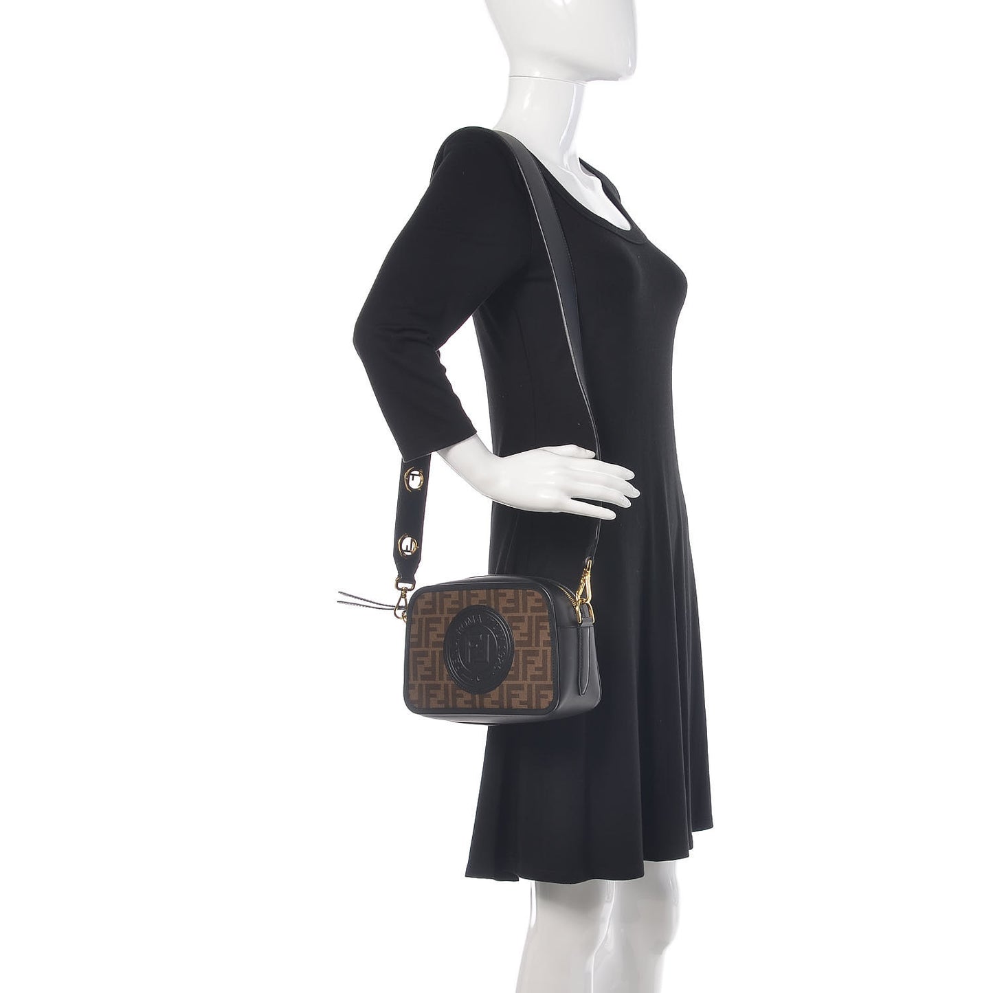 Glazed Fabric Vitello Century F is Fendi FF 1974 Stamp Patch Camera Case Mogano Panna Black