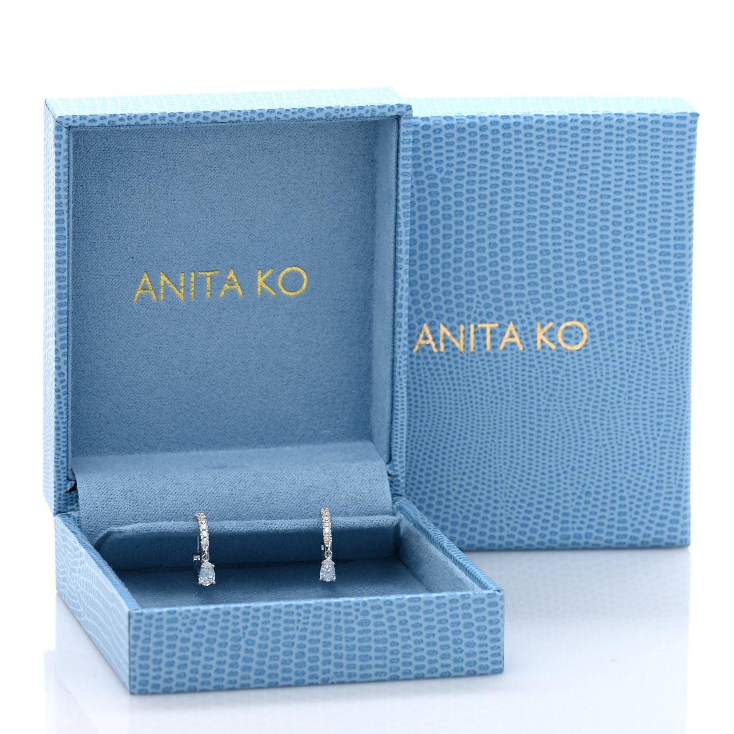 18K White Gold Diamond Pear Huggie Drop Earrings