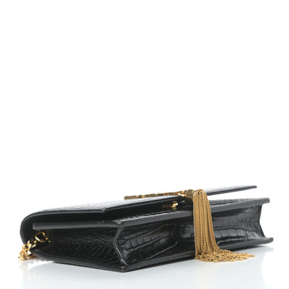 Saint Laurent Calfskin Crocodile Embossed Kate Monogram Tassel Chain Wallet Black 4 of 16