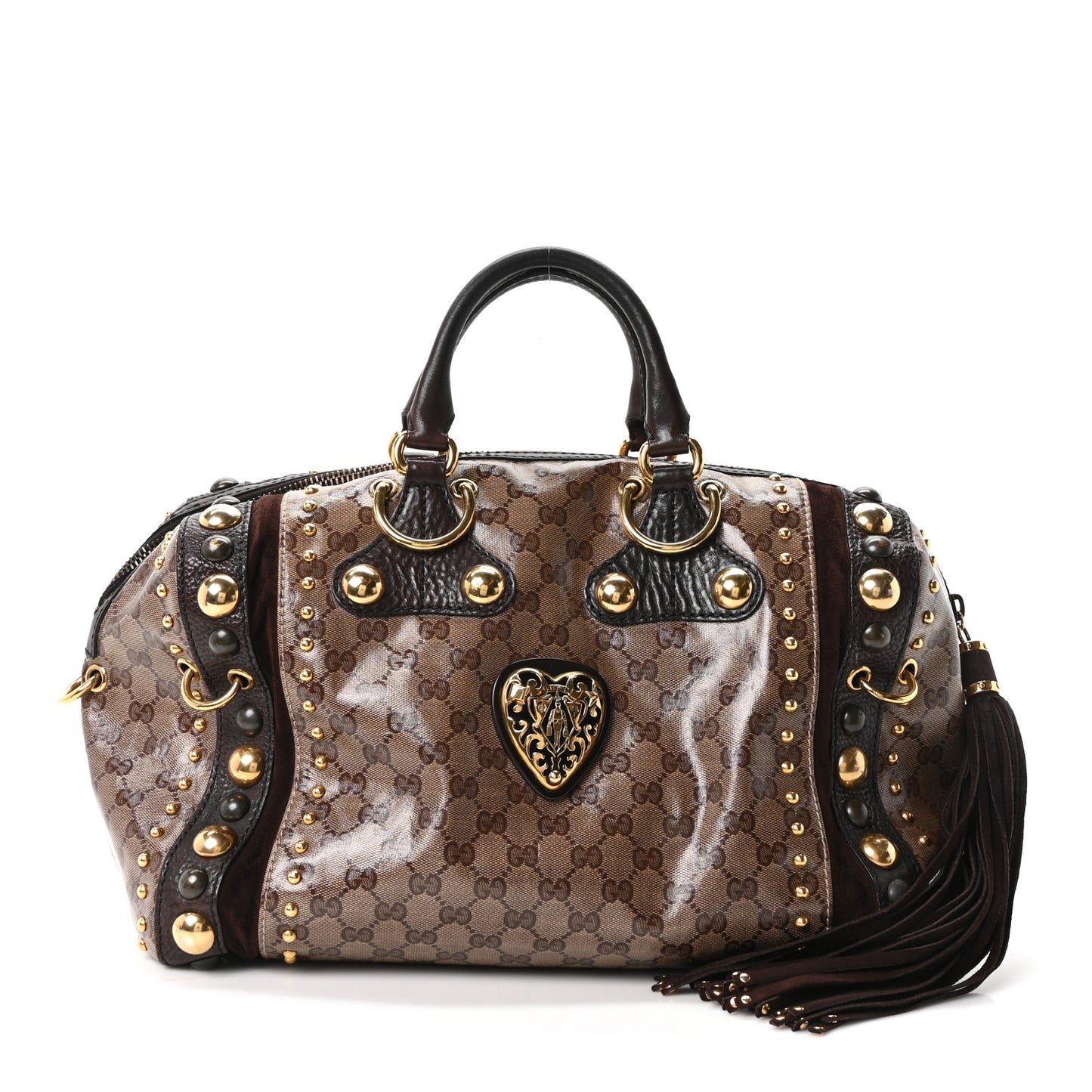 Crystal Monogram Studded Large Babouska Boston Dark Brown
