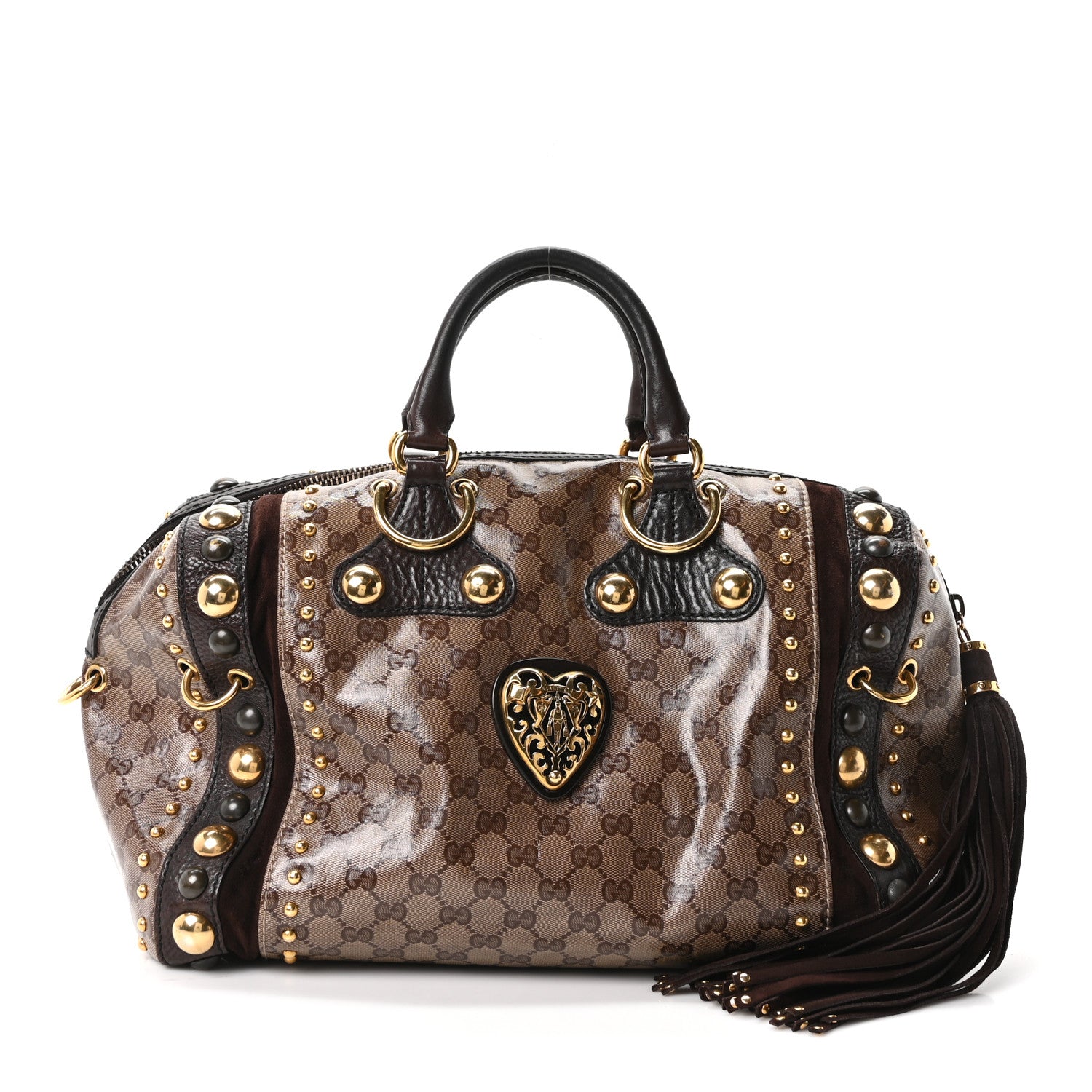Gucci Crystal Monogram Studded Large Babouska Boston Dark Brown 1 of 10