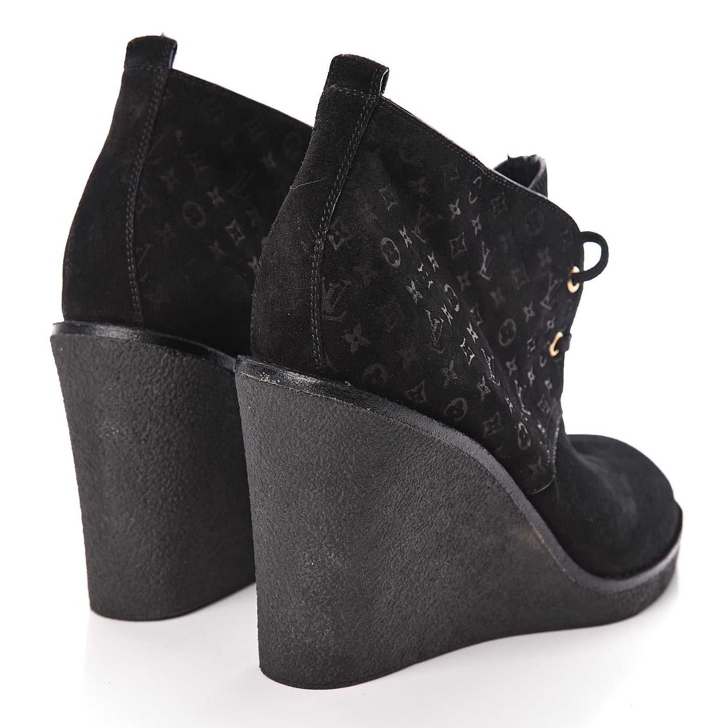 Monogram Suede Wedge Ankle Boots 41 Black