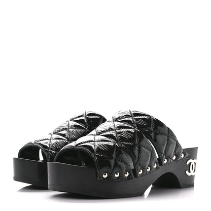 Chanel Patent Lambskin Quilted CC Clogs 38 Black 3 of 9
