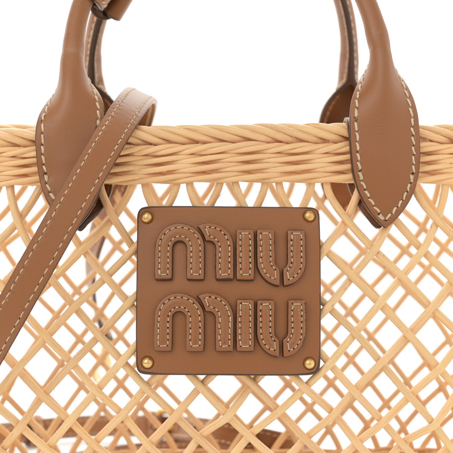 Woven Fabric Calfskin Logo Basket Bag Tan Caramel
